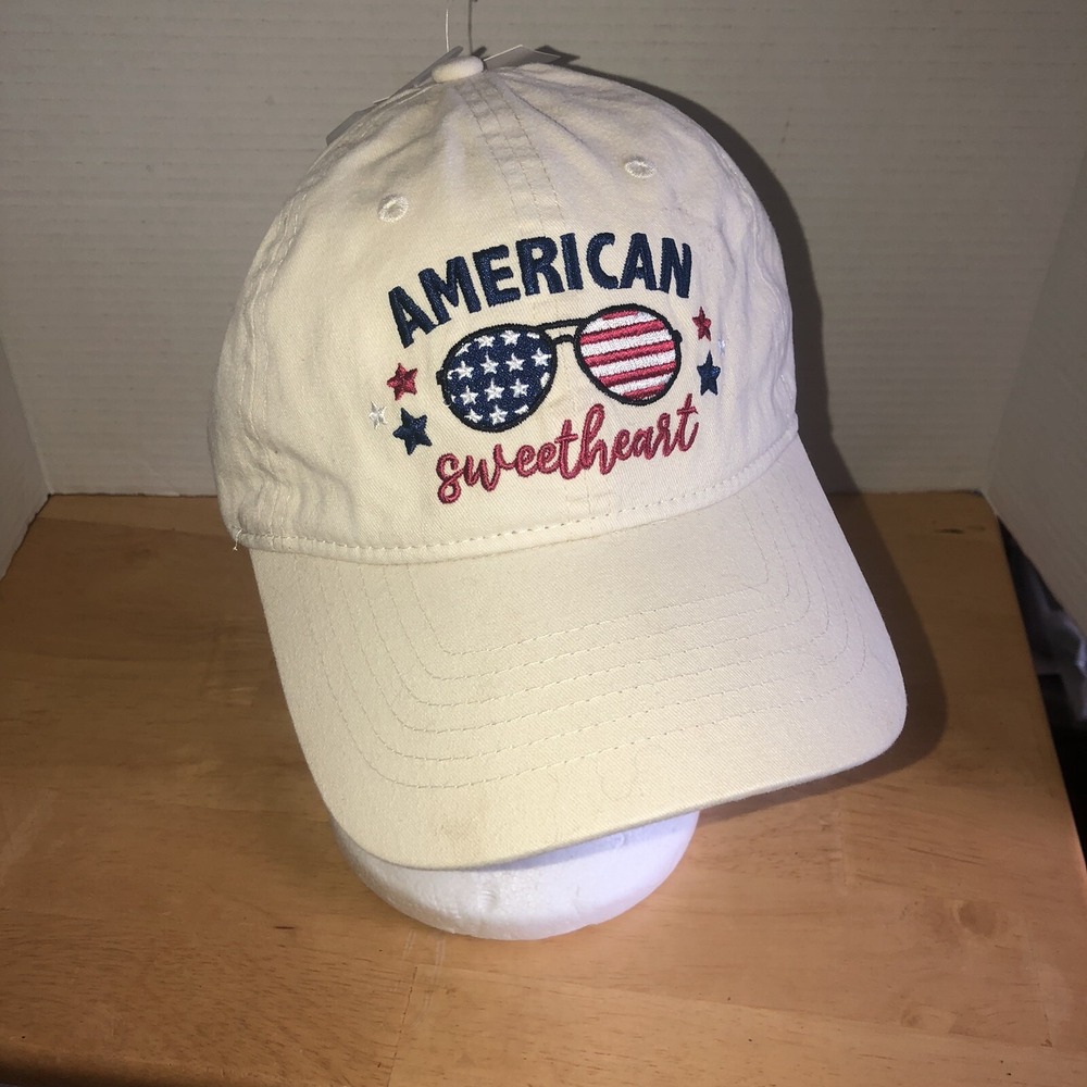 American Sweetheart Baseball Cap, Cream hat adjustable back strap Patriotic 4th